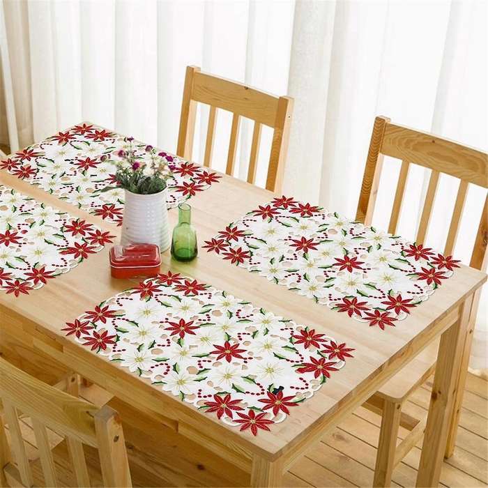 Placemats Set Of 6 Embroidered Christmas Poinsettia & Holly Design, 11x17 Inch Christmas Table Deco
