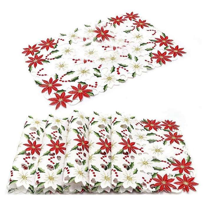 Placemats Set Of 6 Embroidered Christmas Poinsettia & Holly Design, 11x17 Inch Christmas Table Deco