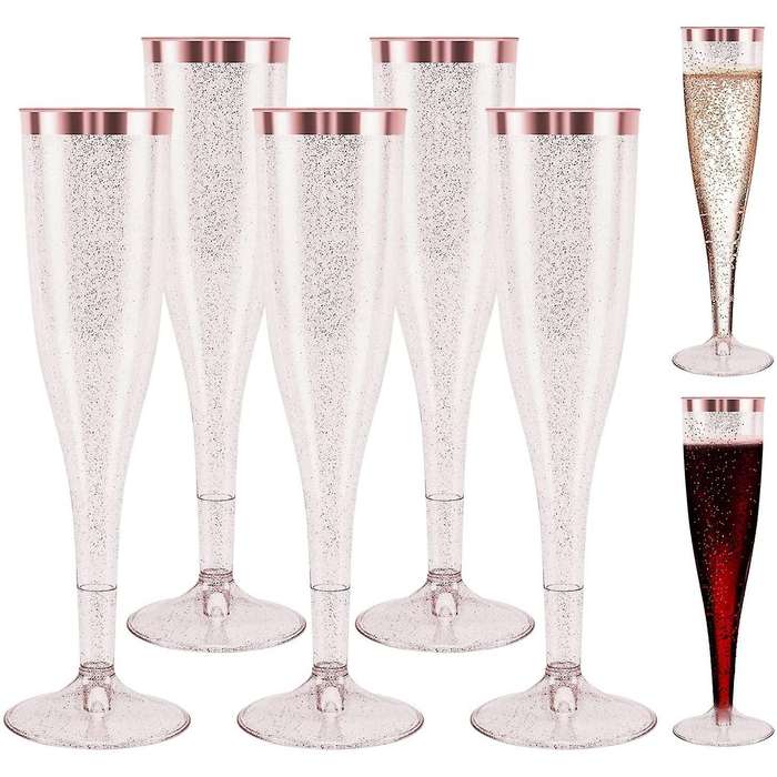 Plastic Champagne 6.5 Oz Champagne Glasses,Disposable Reusable Rose Gold Glittered Wedding Party Toa