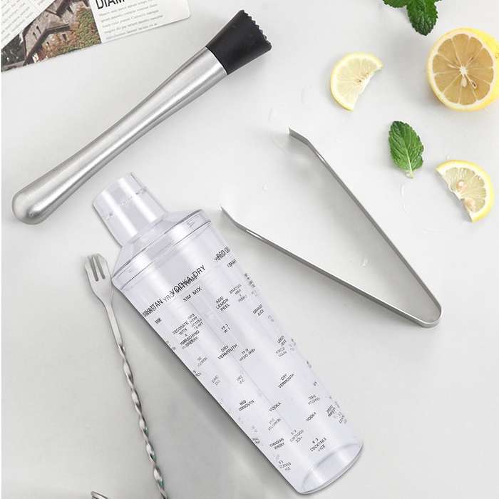 Plastic Drink Shaker with Recipes, Cup As Measuring Jigger, Great for Outdoor and Travel Bar Cart A