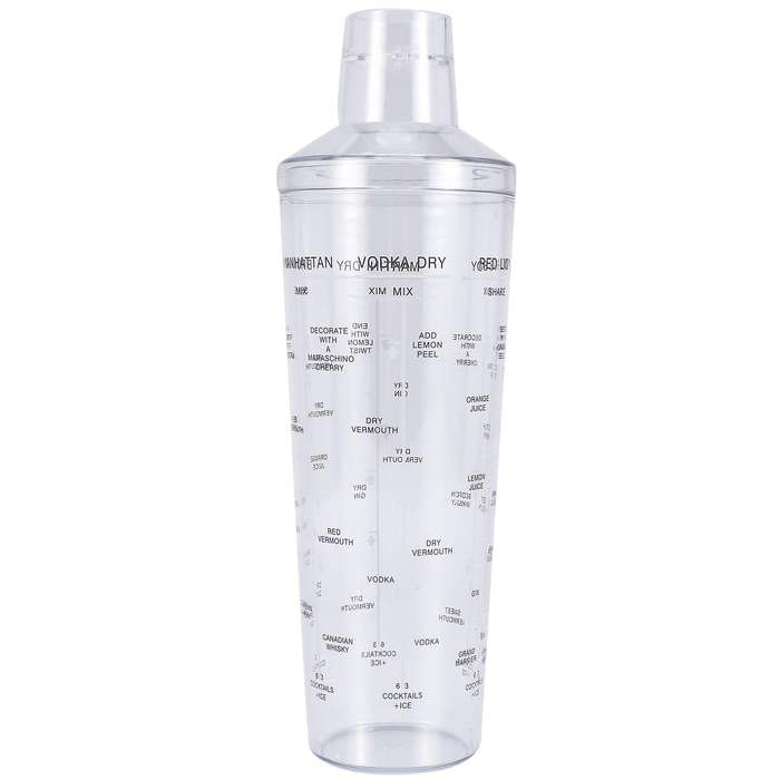 Plastic Drink Shaker with Recipes, Cup As Measuring Jigger, Great for Outdoor and Travel Bar Cart A