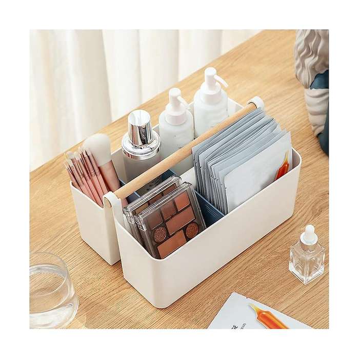 Portable Basket with Handle, Plastic Craft Storage Organizer Tote with Adjustable Divided for Makeu