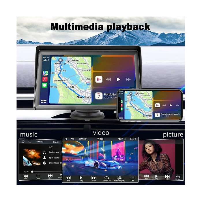 Portable Dash Mount Carplay Display 7in Touch Screen, Gps Navigatin,bluetooth Car Stereo Radio, Bac