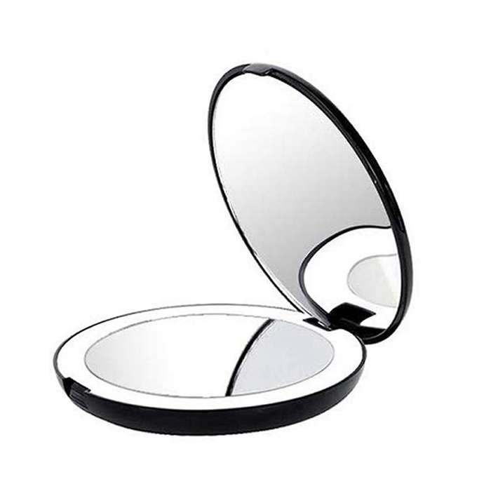 Portable Folding Mirror with Led Light , 10x Magnifying Glass, 12 Lamp Bead Mini Mirror Black