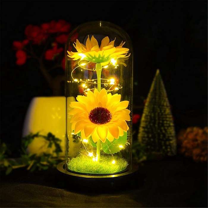 Preserved Flower Glass Cover Glowing Gold Foil Sunflower Valentine's Day Gift