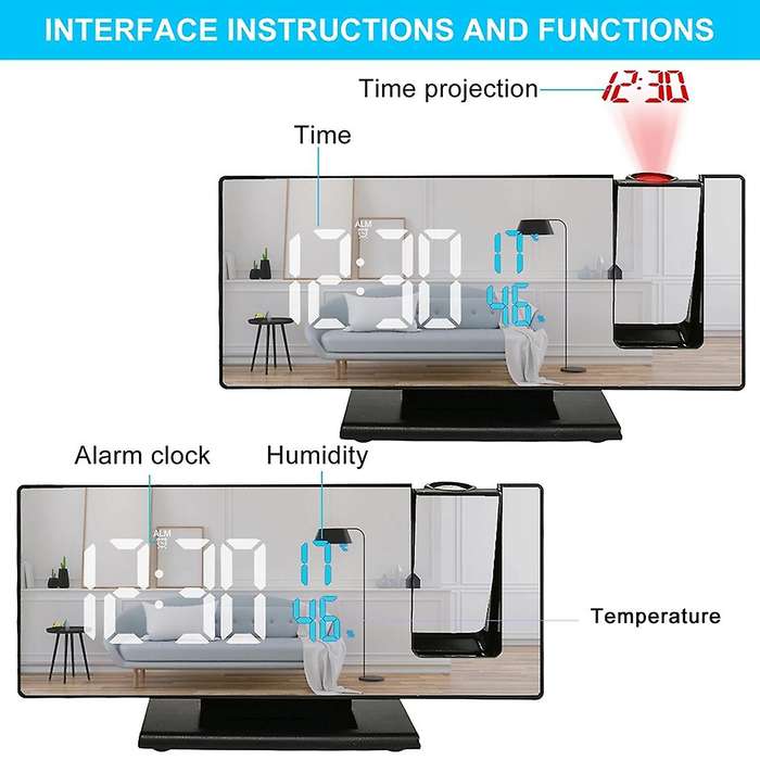 Projection Alarm Clock Snooze Larger LED Mirror Clock Display Temperature Auto Brightness Bedroom Be