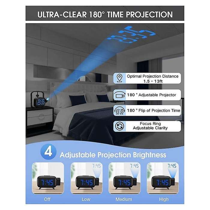 Projection Alarm Clock Radio with 180 Projector, 7 Sounds Dual Alarms, Snooze,dimmable Led Display C