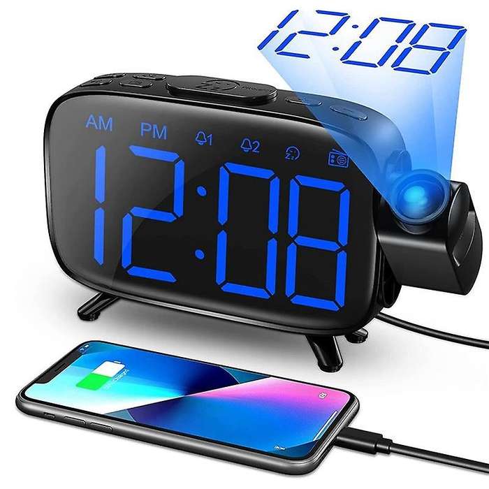 Projection Alarm Clock Radio with 180 Projector, 7 Sounds Dual Alarms, Snooze,dimmable Led Display C