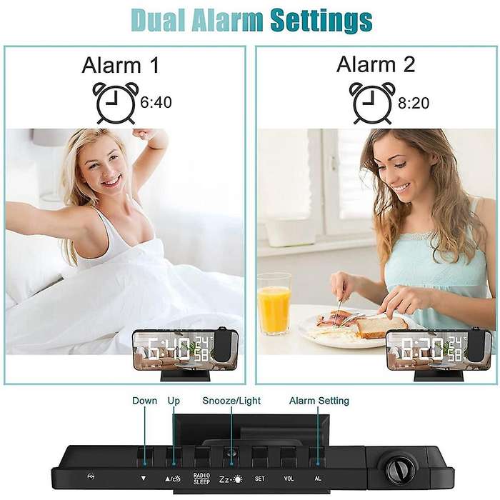 Projection Alarm Clock with Temperature Hygrometer,7.3Inch LED Radio Digital Clock with Rotation Cei