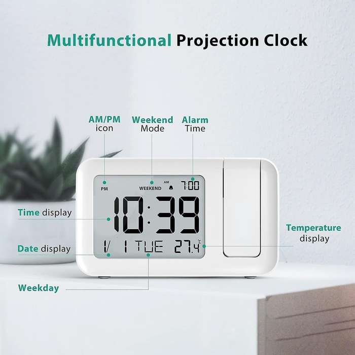 Projection Alarm Clock with Indoor Temperature, 4 Adjustable Projection Brightness, Alarm Clock Suit