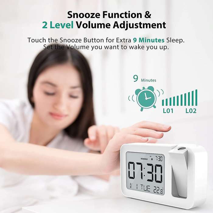 Projection Alarm Clock with Indoor Temperature, 4 Adjustable Projection Brightness, Alarm Clock Suit