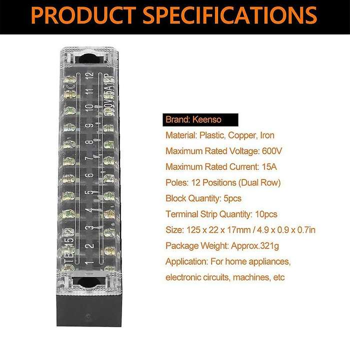 5 Pcs Terminal Block Double Row 12 Positions 600v 15a Screw Terminal