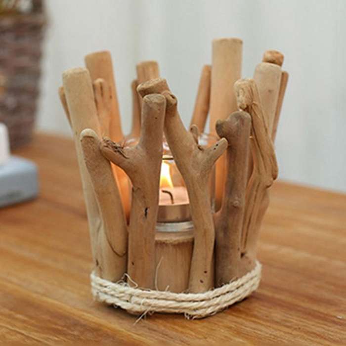 Handmade Wooden Tea Light Candle Holder with Glass Cup Coastal Style