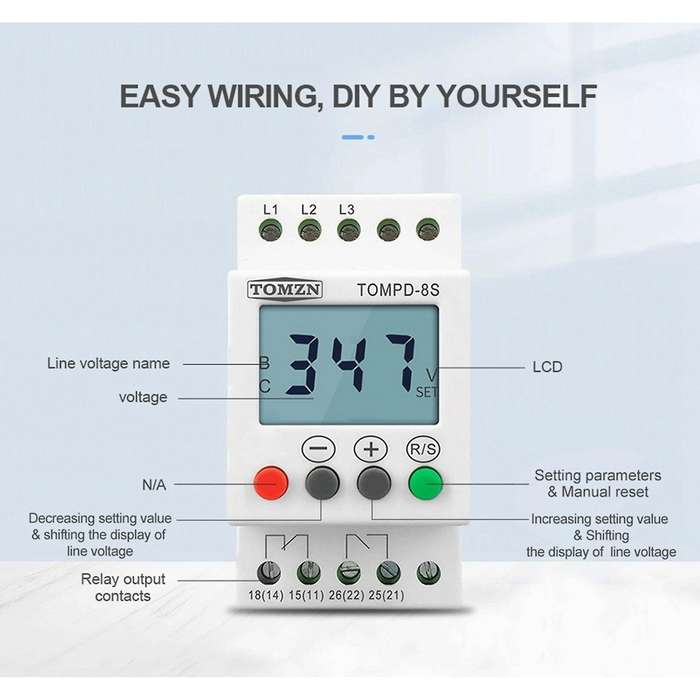 3 Phase Din Rail Adjustable Under Over Voltage Protector
