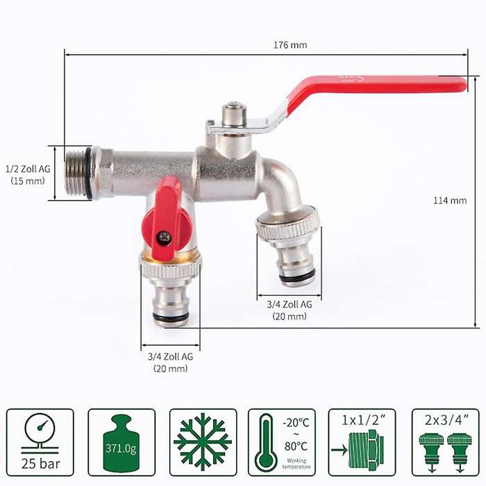 Double Outlet Garden Outdoor Tap Valve Faucet 1/2 Inch / 3/4 Inch D