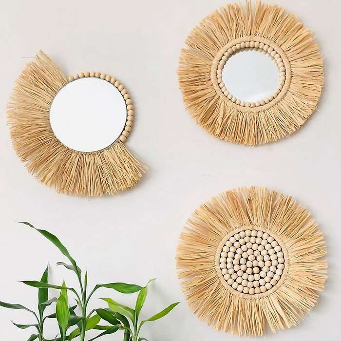 40cm Acrylic Hanging Mirror Moroccan Style Straw Wood Beads Pendant-d