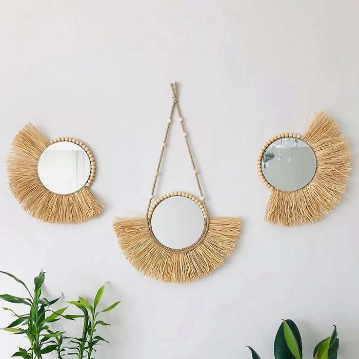 40cm Acrylic Hanging Mirror Moroccan Style Straw Wood Beads Pendant-d