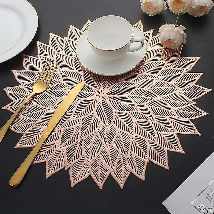 Placemats Set Of 6, Round Hollow Out Flowers Place Mats Rose Gold