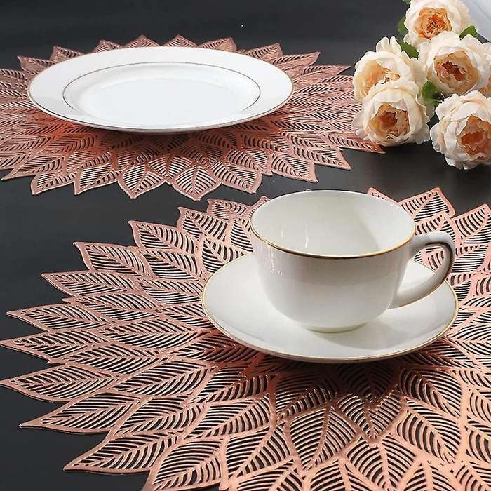 Placemats Set Of 6, Round Hollow Out Flowers Place Mats Rose Gold