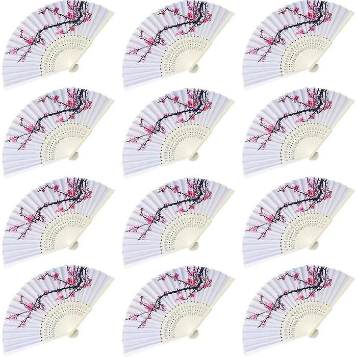 12 Pieces Cherry Blossom Design Silk Folding Hand Fan Wedding Gifts