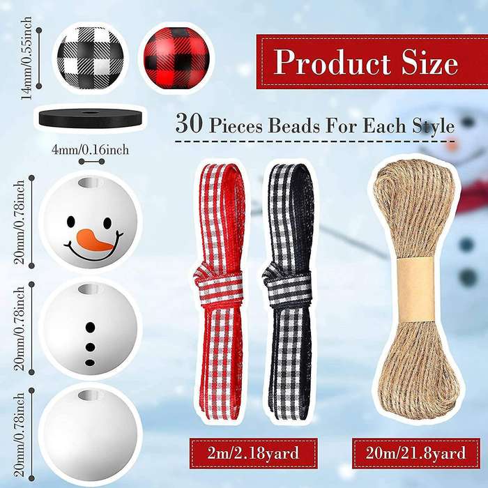 180 Pcs Christmas Buffalo Plaid Christmas Print Wooden Beads