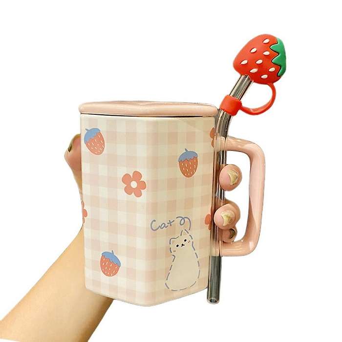 Cute Girl Mug with Strawberry Straws Ceramic Mug with Lid Pink