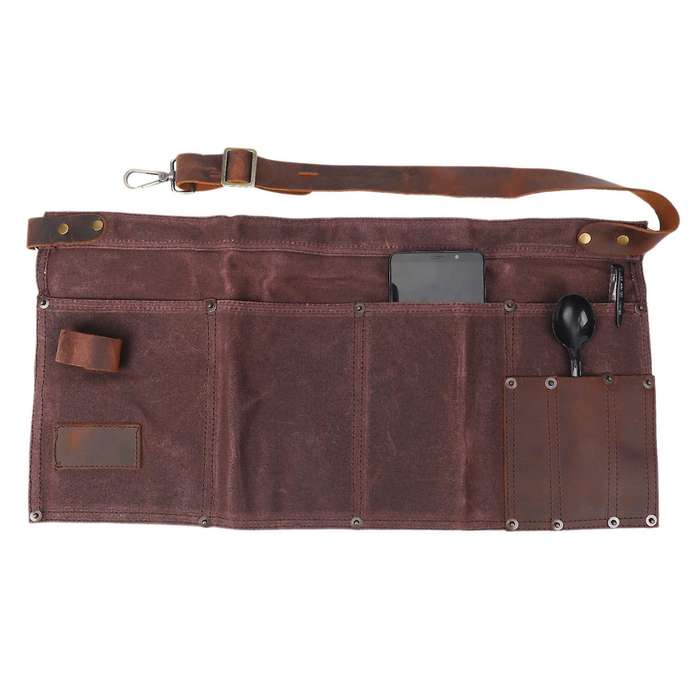 Multi Pocket Apron for Women Real Leather Canvas Half Apron Coffee