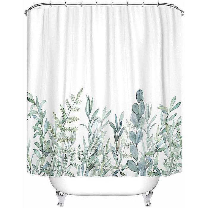Fabric Shower Curtain Curtains with Hooks Green Eucalyptus Watercolor
