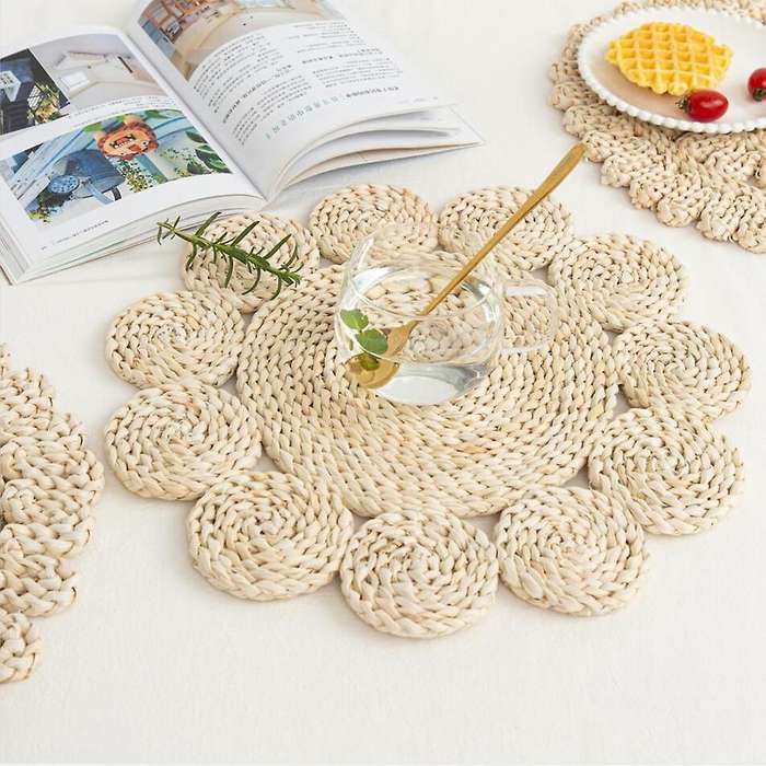 3pcs Corn Fur Woven Dining Table Mat Heat Insulation Round Coasters