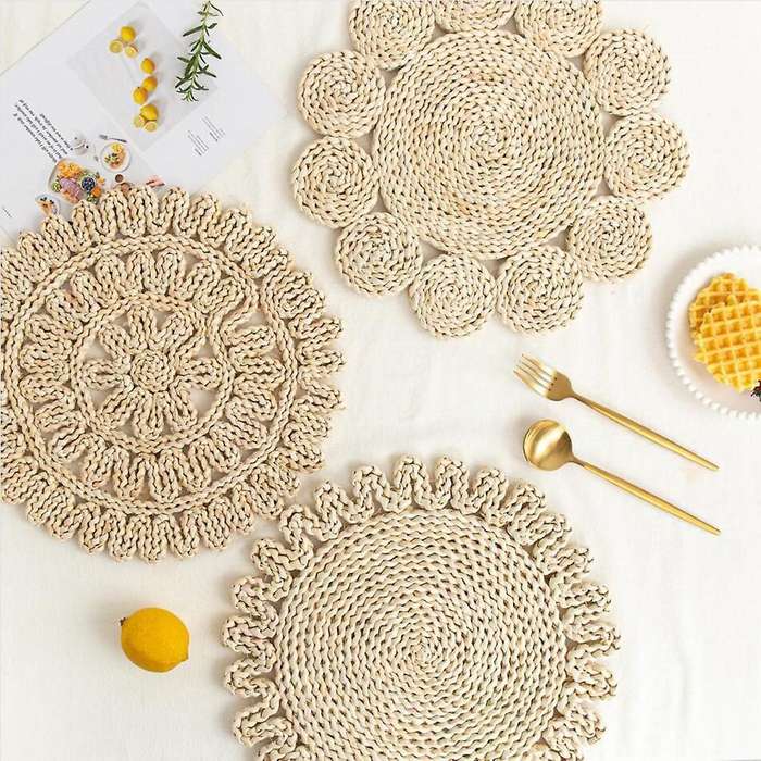 3pcs Corn Fur Woven Dining Table Mat Heat Insulation Round Coasters