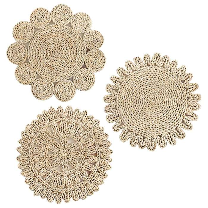 3pcs Corn Fur Woven Dining Table Mat Heat Insulation Round Coasters
