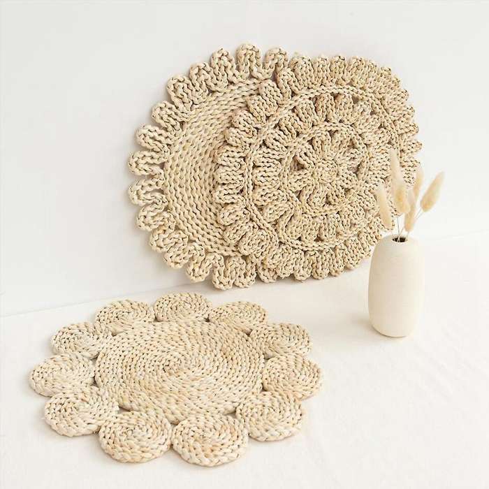 3pcs Corn Fur Woven Dining Table Mat Heat Insulation Round Coasters