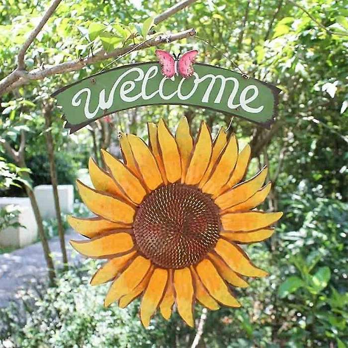 Metal Sunflower Outside Hand-painted Welcome Plaque for Front Door