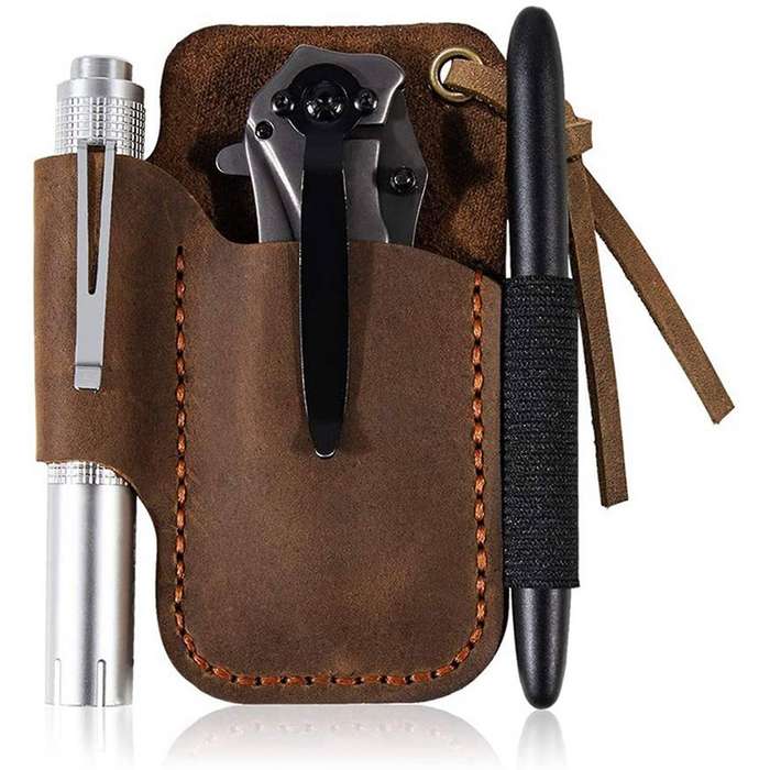 Handmade Leather Sheath Folding Knife Flashlight Holder Brown