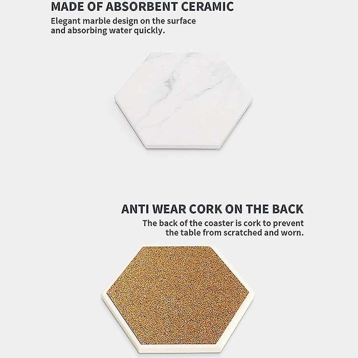 Marble Pattern Absorbent Ceramic Coaster with Cork , Six-piece Set