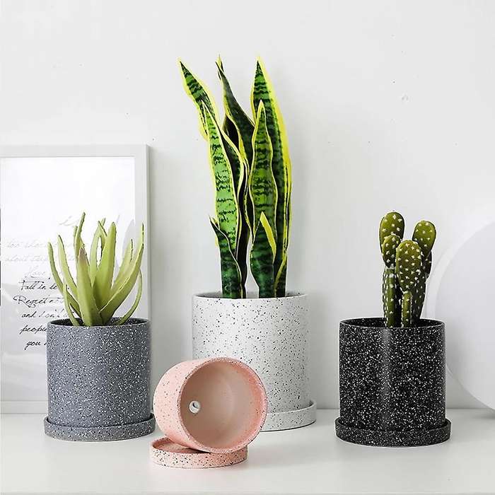 Ceramic Flower Pot with Tray Storage Container Plant Flowerpot Black
