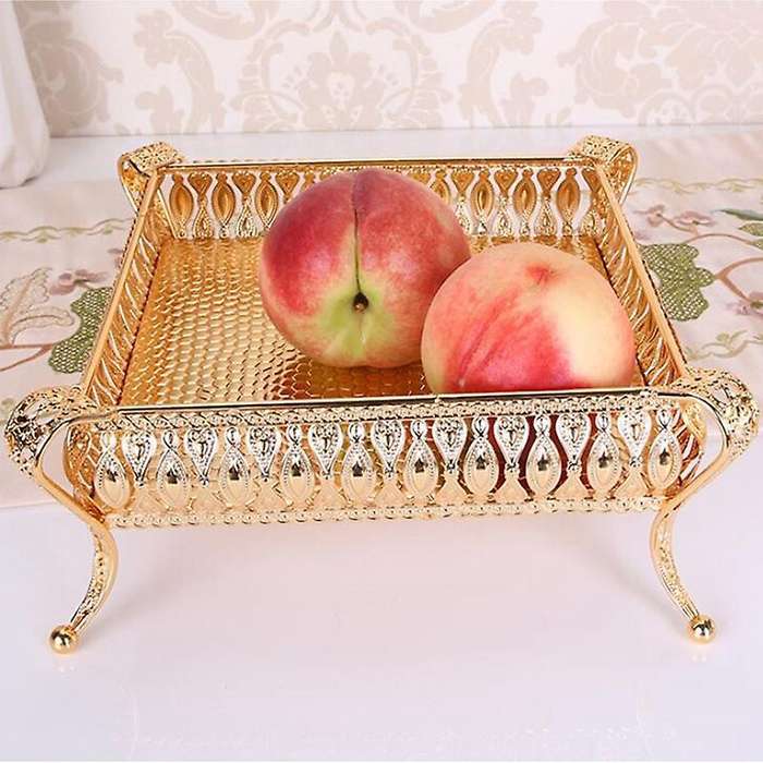 Vintage Fruit Plate Table Snack Iron Storage Box Square Tray Gold