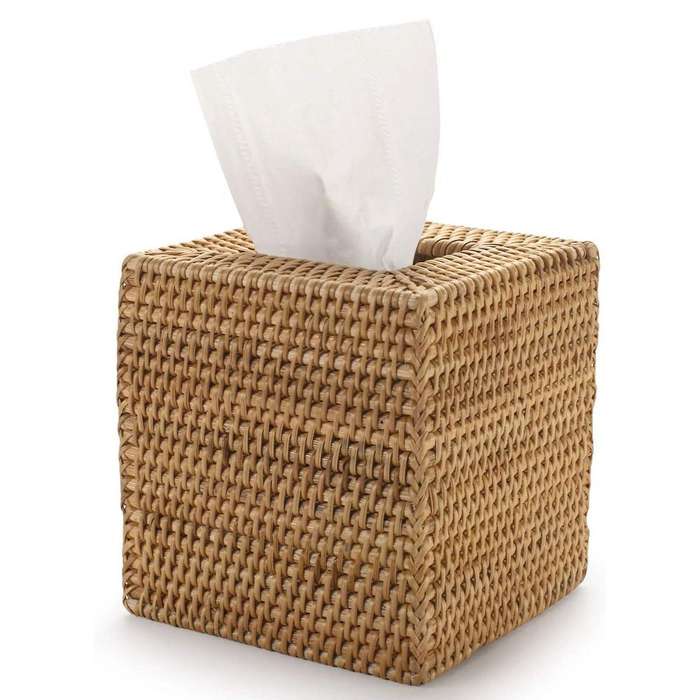 Square Rattan Tissue Box Cover, 5.7 X 5.7 X 5.7 Inches, Wood Color
