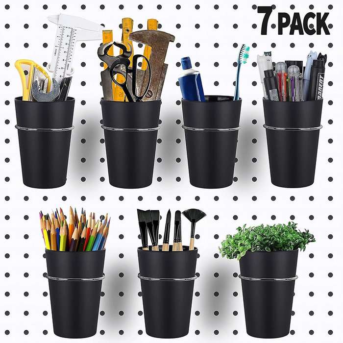 7 Sets Pegboard Hooks with Pegboard Cups Ring Style Pegboard Black