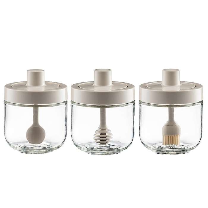 3pcs Seasoning Case Glass Seasoning Pot with Spoon 300ml