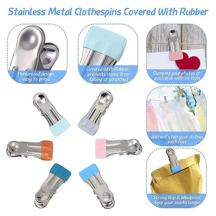 60 Pcs Colored Clothespins Stainless Steel Clips for Clothesline