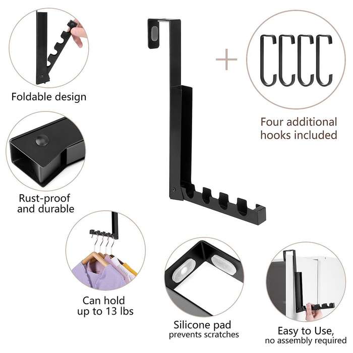 2 Pack Over The Door Foldable 4 Hooks for Hanging Clothes, and More