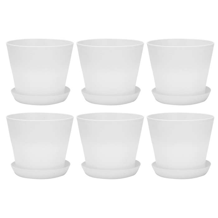 6x Plastic Plant Flower Pot with Tray Round White Upper Caliber 17cm