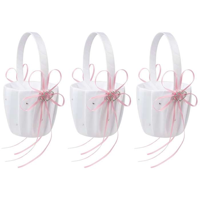 3x Double Heart Basket White Satin Rhinestone Decor Pink Wedding