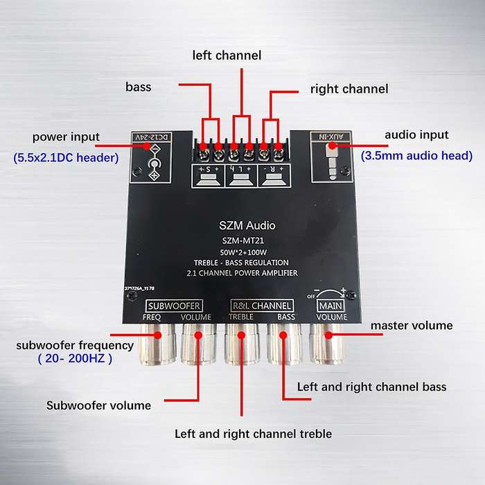 Mt21 2.1 Channel Bluetooth 5.0 Subwoofer Amplifier Board Bass Amp Aux