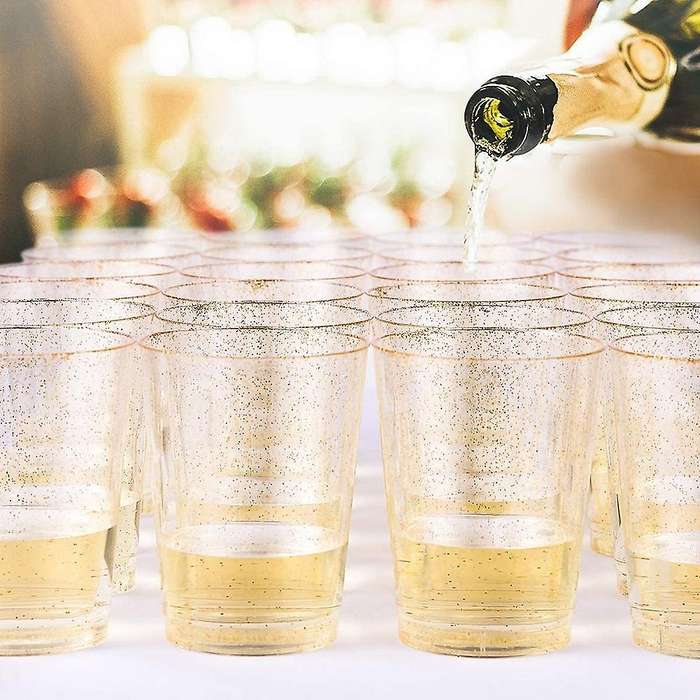 Disposable Gold Glitter Plastic Wine Glasses, Christmas Party Cups