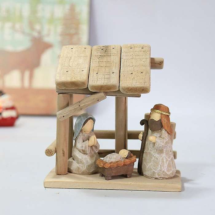 Manger Character with Wooden House Christian Nativity Ornaments
