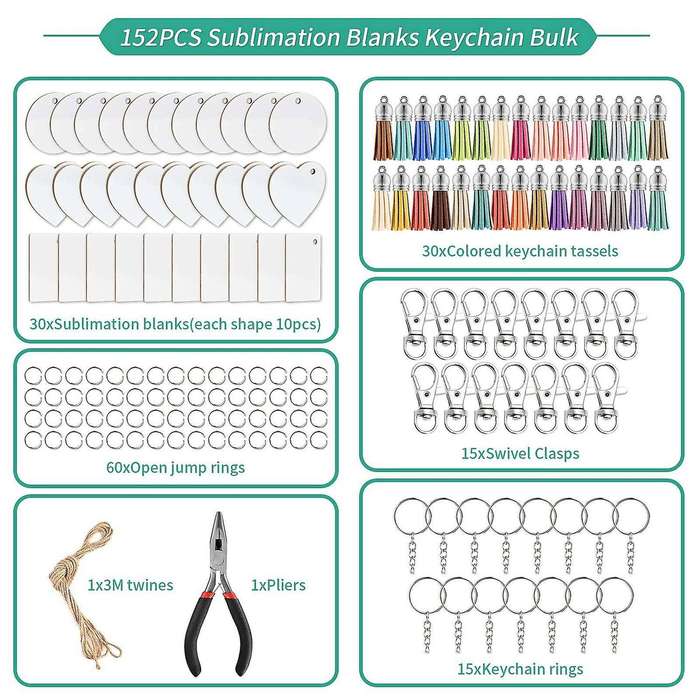 152pcs Sublimation Blank Keychains Set, with Key Ring