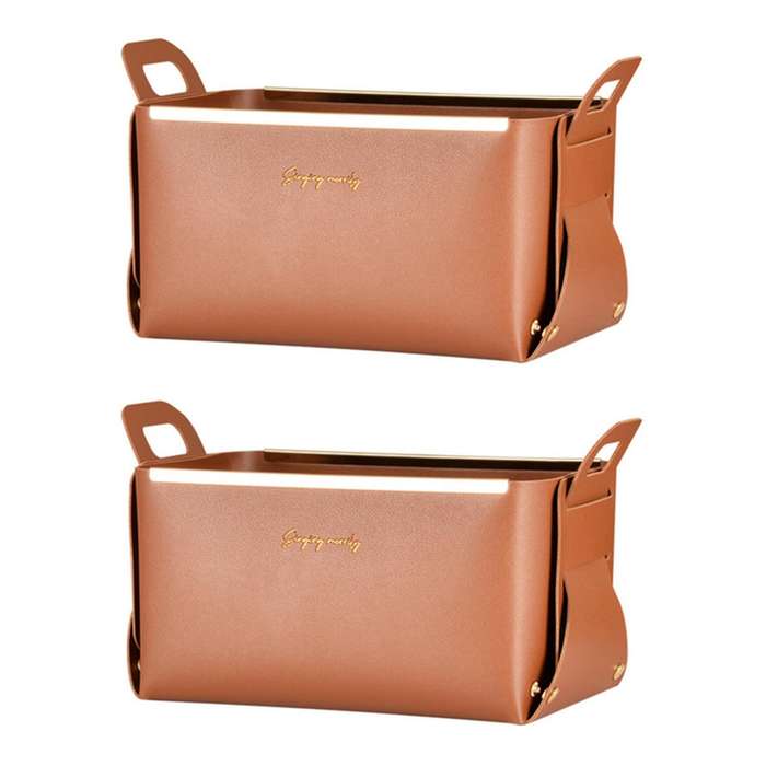 2x Leather Storage Bin with Handles, Foldable Shelf Organizer (brown)