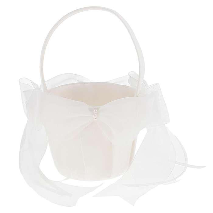 Beige Satin Flower Girl Basket Large Tulle Bow Wedding Party